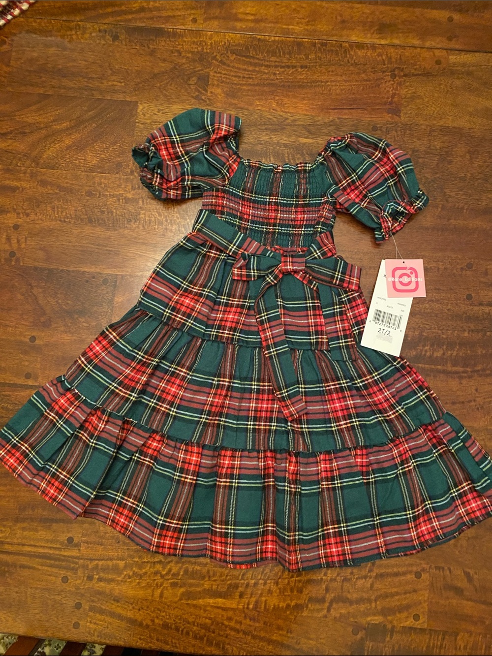Rare Editions Green and Red Plaid Smocked Tiered Dress with Waist Bow